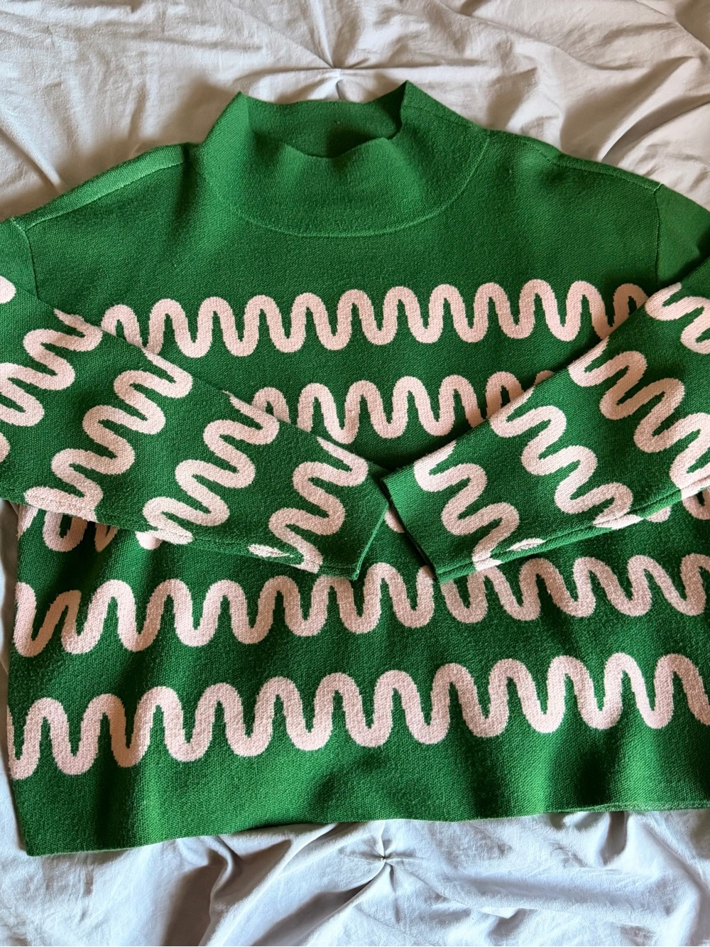 Anthropologie Maeve Green Wave-Pattern Mock Neck Sweater with Cream Accents - Picture 2 of 3